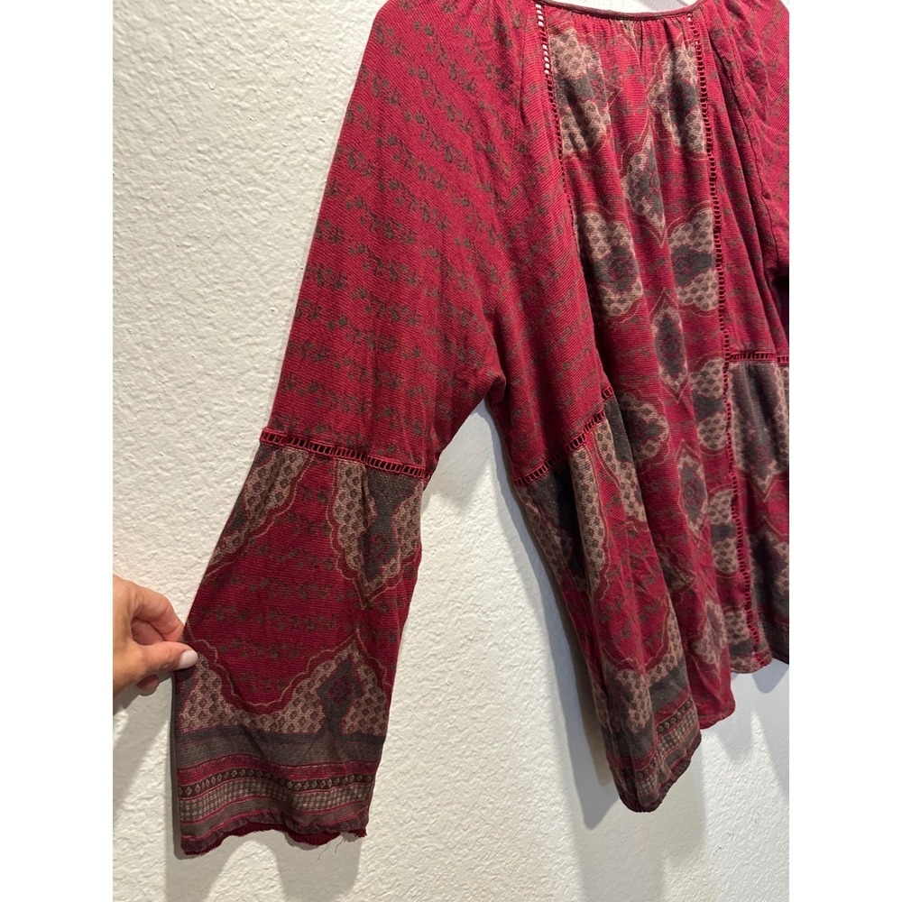 Lucky Brand Paceasant Top Women 1X Burgundy Medallion Print Tassel Lace Blouse - Picture 10 of 14